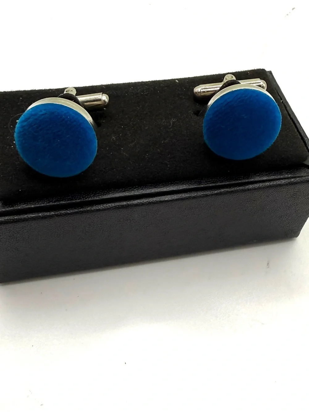 Blue Round Velvet Men’s Cufflinks - Classic Metal Backing